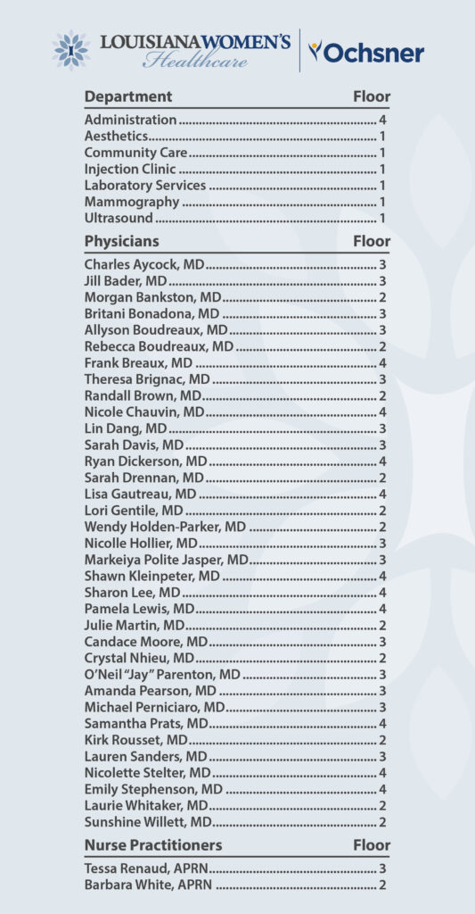 Floor Directory of All Physicians and NPs at Louisiana Women's Healthcare in Baton Rouge, Louisiana